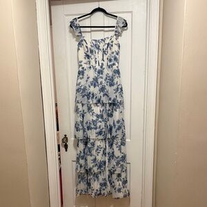 Revelry Poppy Chiffon Floral Print Dress in Dusty Blue Bouquet - Size 4